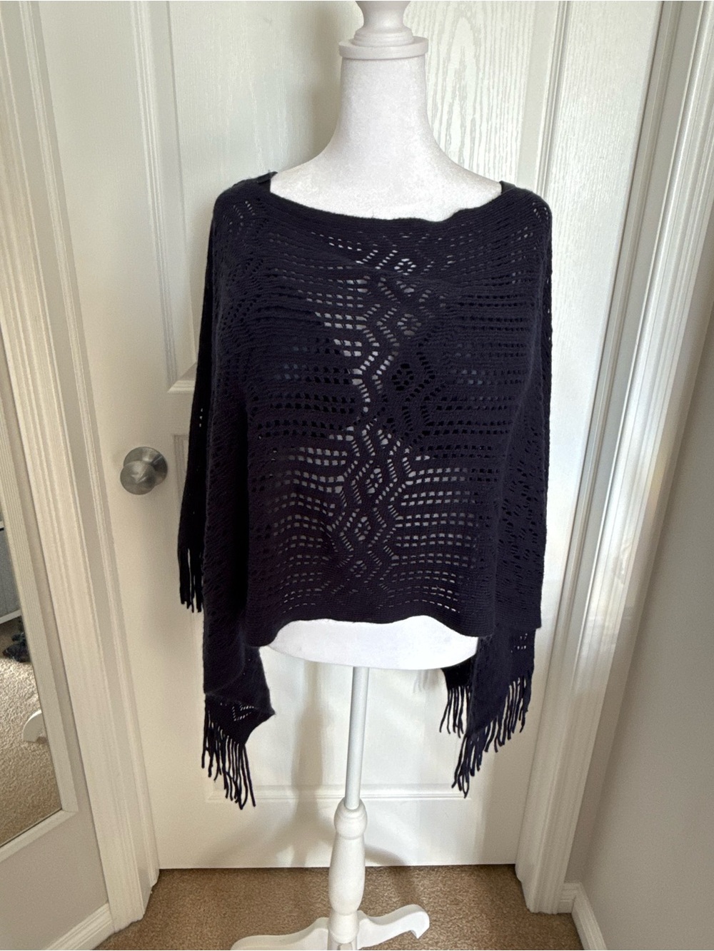 Open-Knit Fringe Women's Navy Poncho